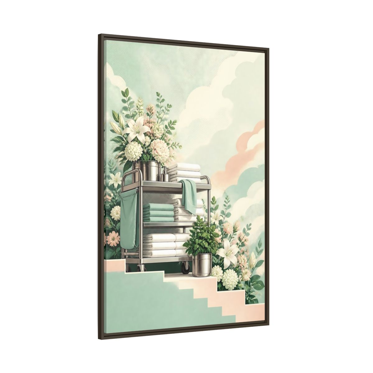 Side Mockup 8. Linen Cart With Lilies shown as framed canvas print