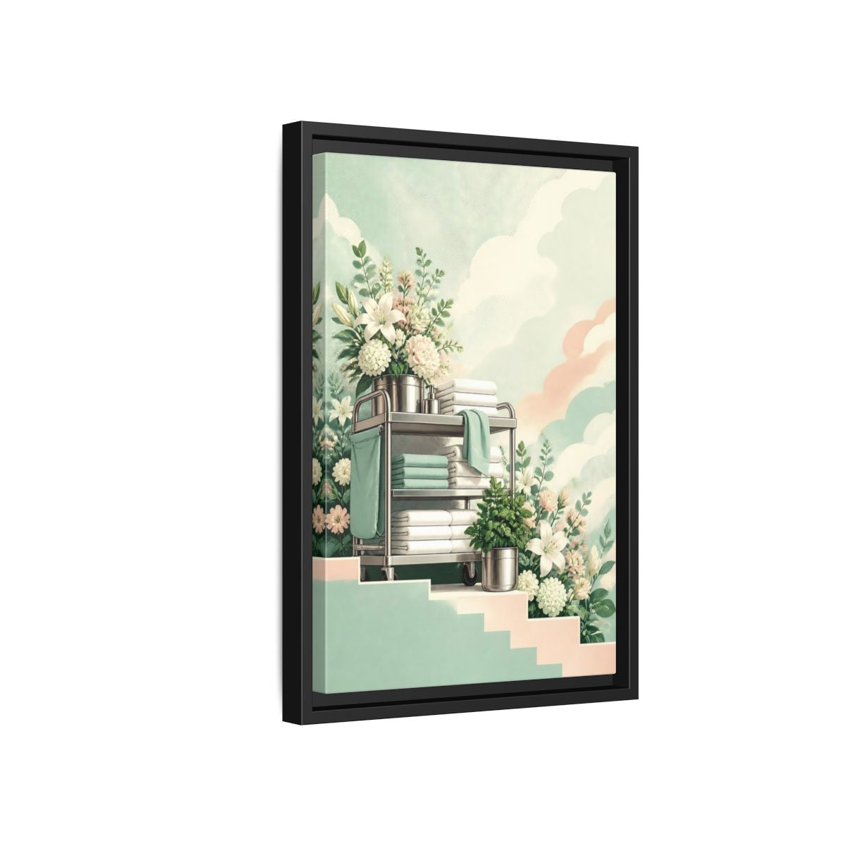 Side Mockup 6. Linen Cart With Lilies shown as framed canvas print