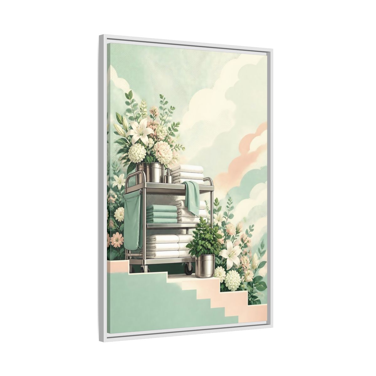 Side Mockup 9. Linen Cart With Lilies shown as framed canvas print
