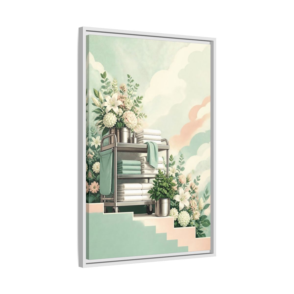 Side Mockup 10. Linen Cart With Lilies shown as framed canvas print