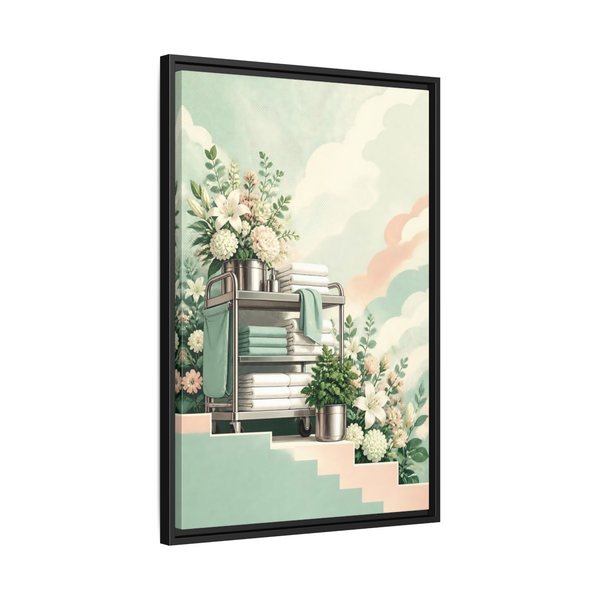 Side Mockup 14. Linen Cart With Lilies shown as framed canvas print