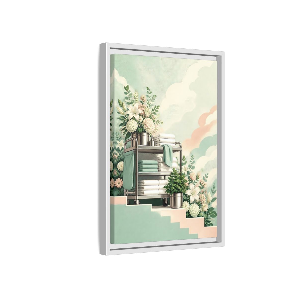 Side Mockup 4. Linen Cart With Lilies shown as framed canvas print