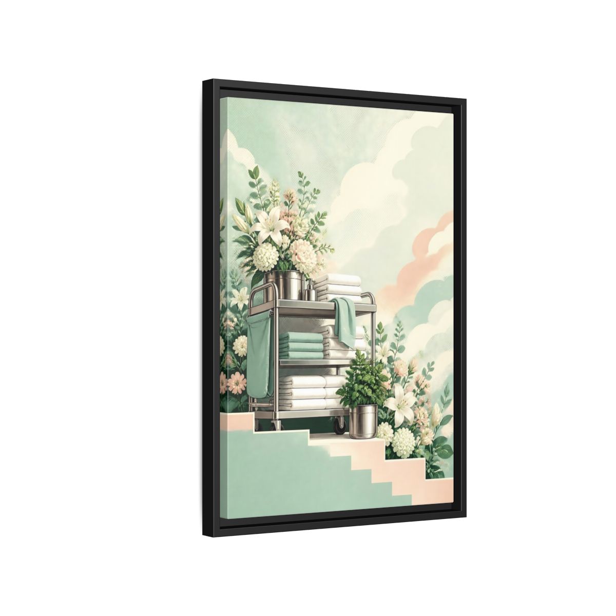 Side Mockup 3. Linen Cart With Lilies shown as framed canvas print