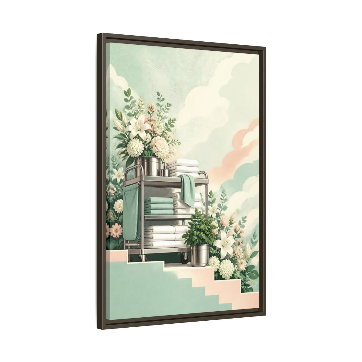 Side Mockup 11. Linen Cart With Lilies shown as framed canvas print