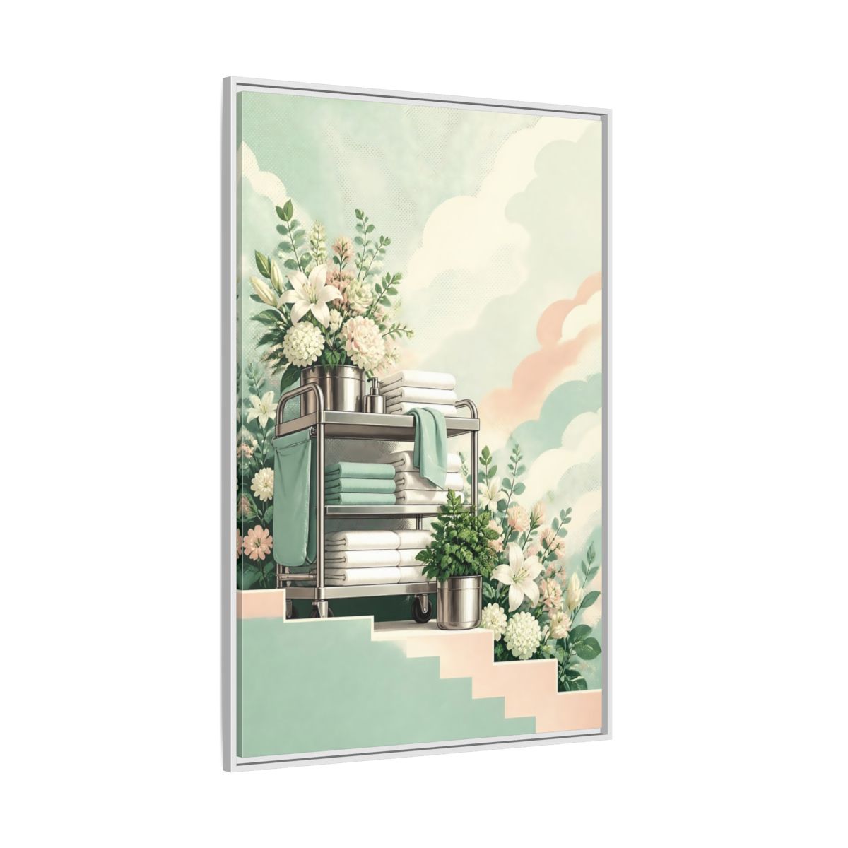 Side Mockup 7. Linen Cart With Lilies shown as framed canvas print