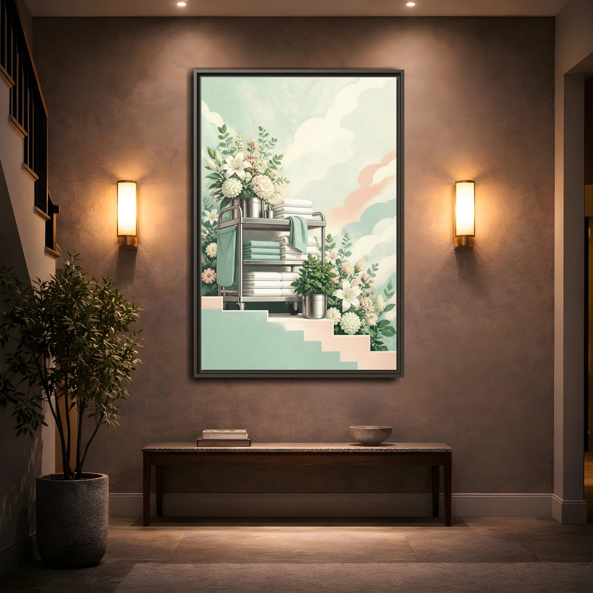 Mockup 2. Linen Cart With Lilies shown as framed canvas print