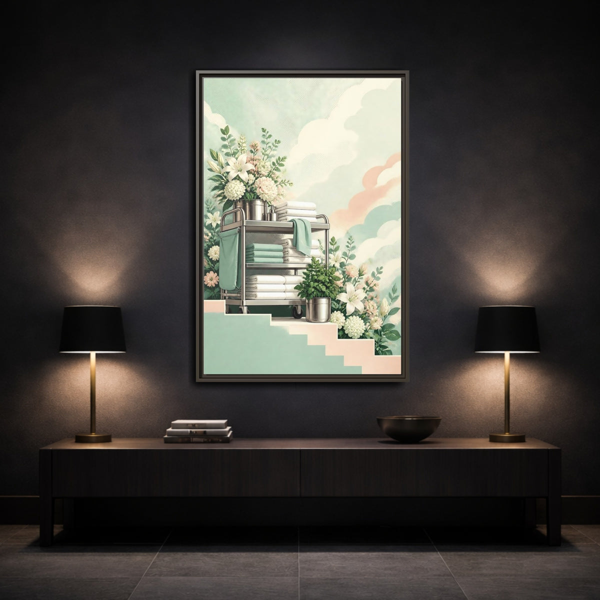 Mockup 3. Linen Cart With Lilies shown as framed canvas print
