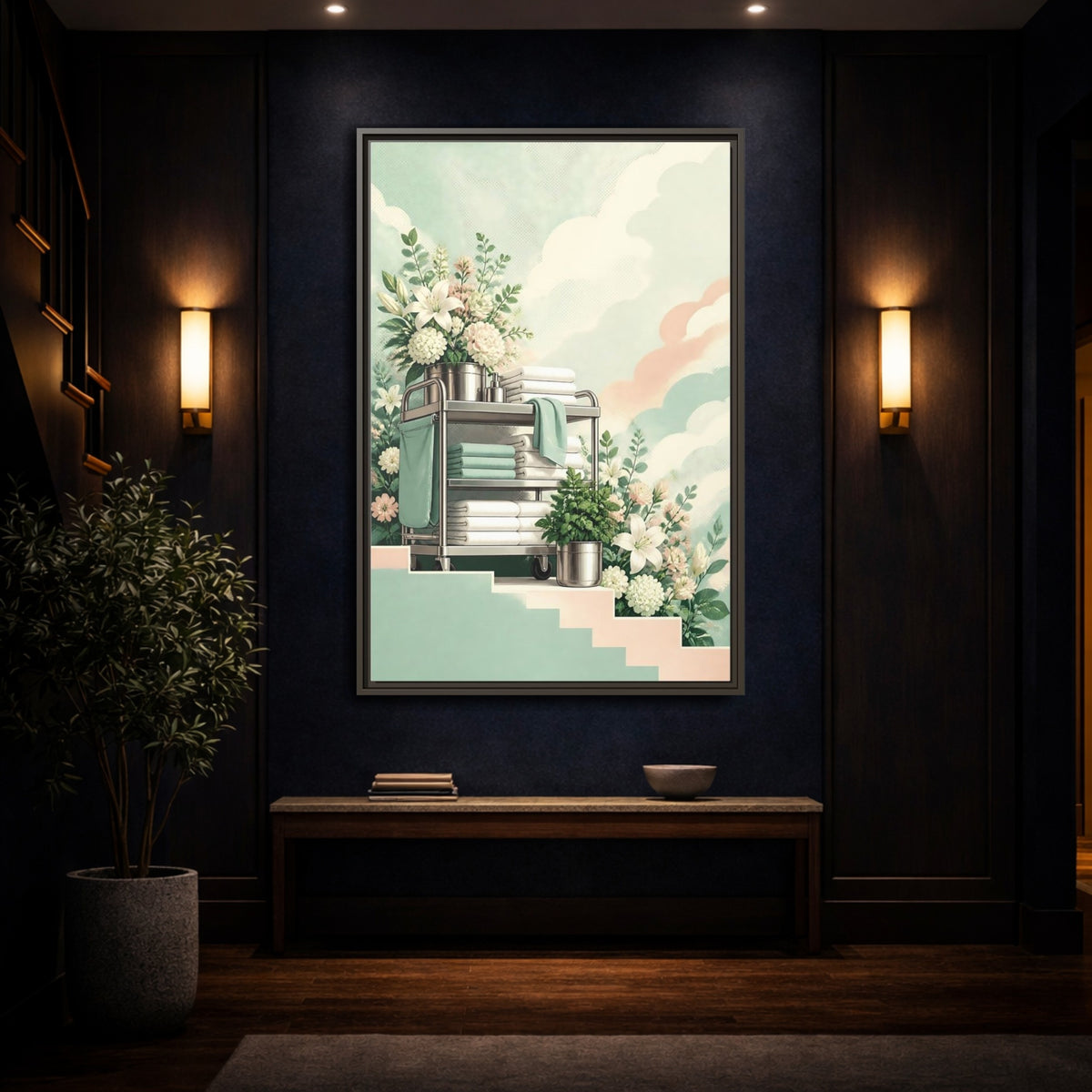 Mockup 4. Linen Cart With Lilies shown as framed canvas print