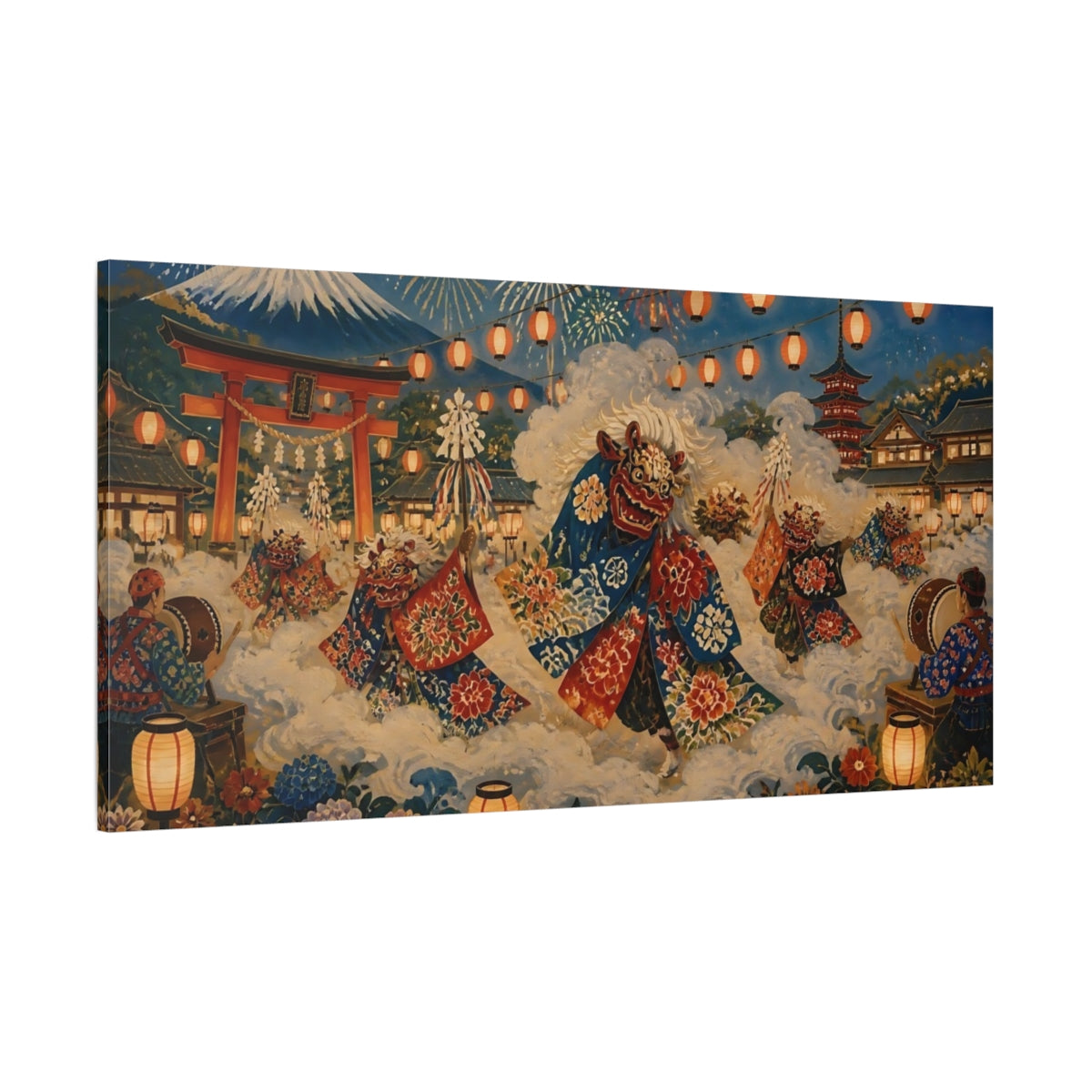 Side Mockup 2. Lion Dance At Shrine shown as canvas print