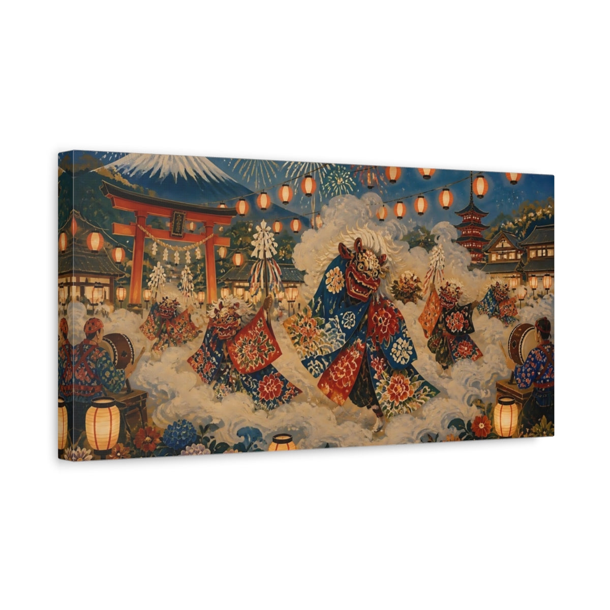 Side Mockup 3. Lion Dance At Shrine shown as canvas print