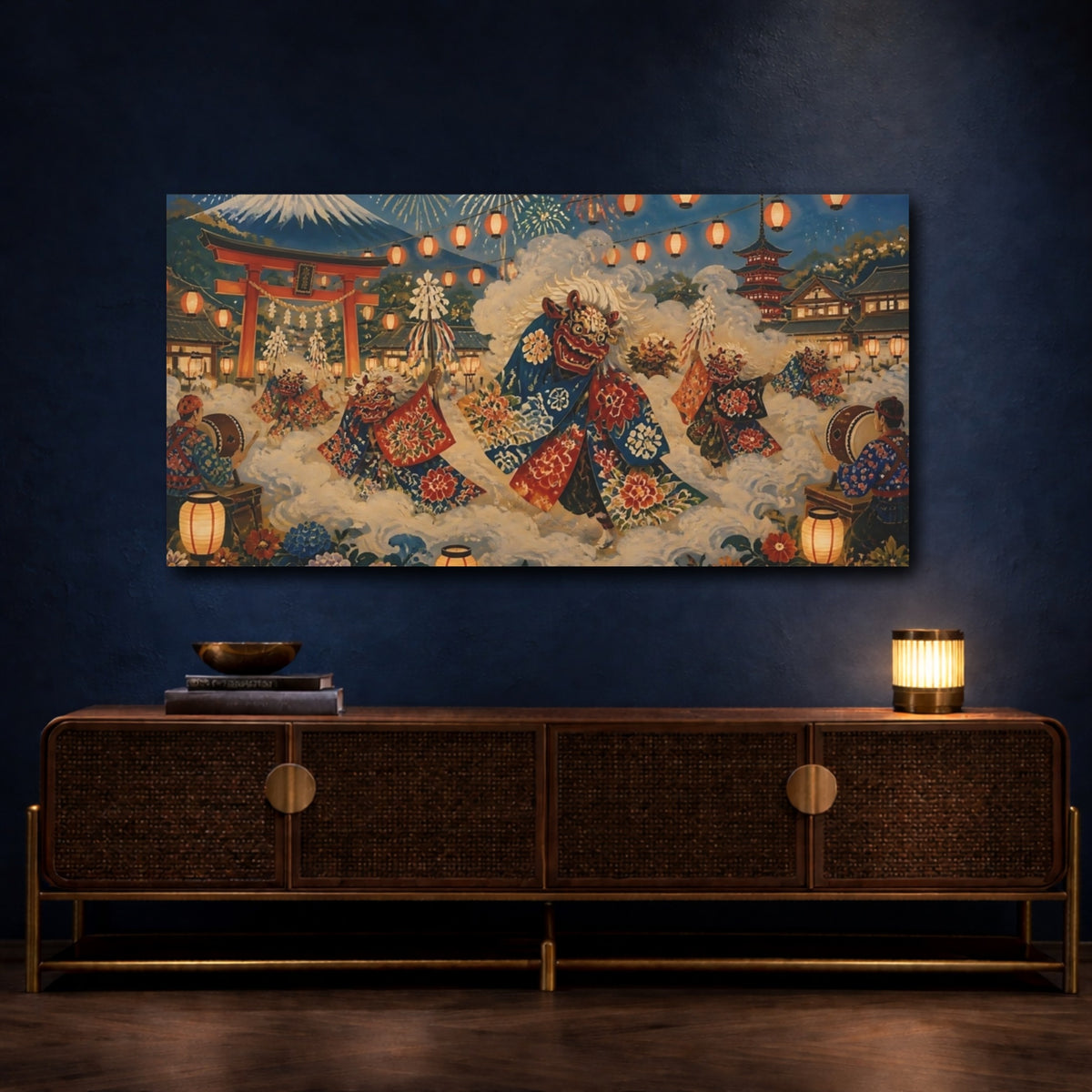 Mockup 4. Lion Dance At Shrine shown as canvas print