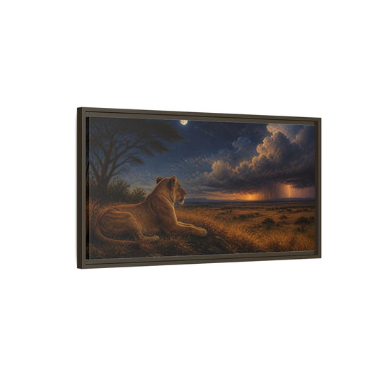 Main Mockup. Lioness Under Moonlight shown as framed canvas print