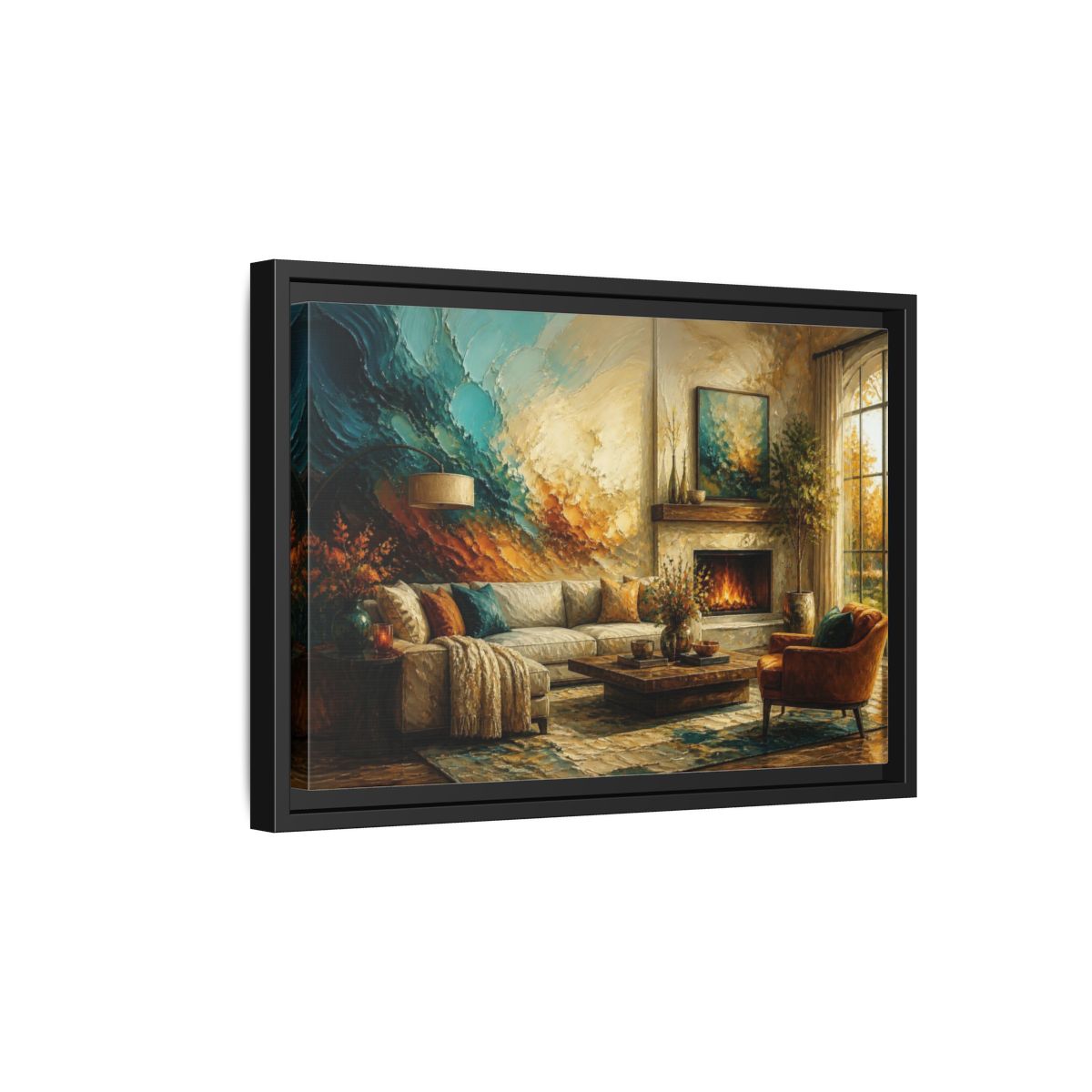 Side Mockup 6. Living Room Abstract Mural shown as framed canvas print