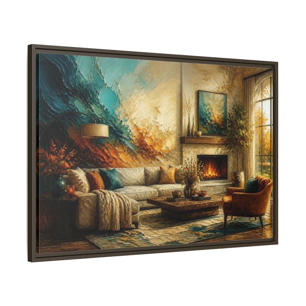 Main Mockup. Living Room Abstract Mural shown as framed canvas print