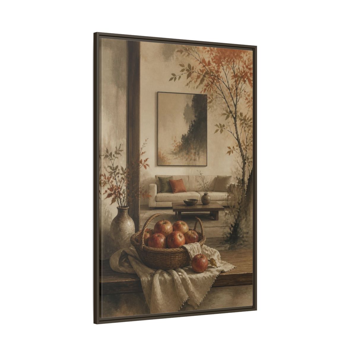 Side Mockup 8. Living Room Apple Still Life shown as framed canvas print
