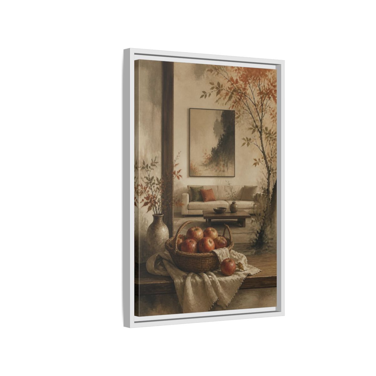 Side Mockup 1. Living Room Apple Still Life shown as framed canvas print