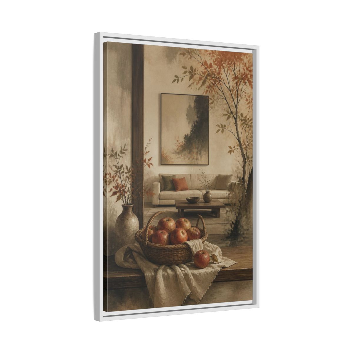 Side Mockup 10. Living Room Apple Still Life shown as framed canvas print