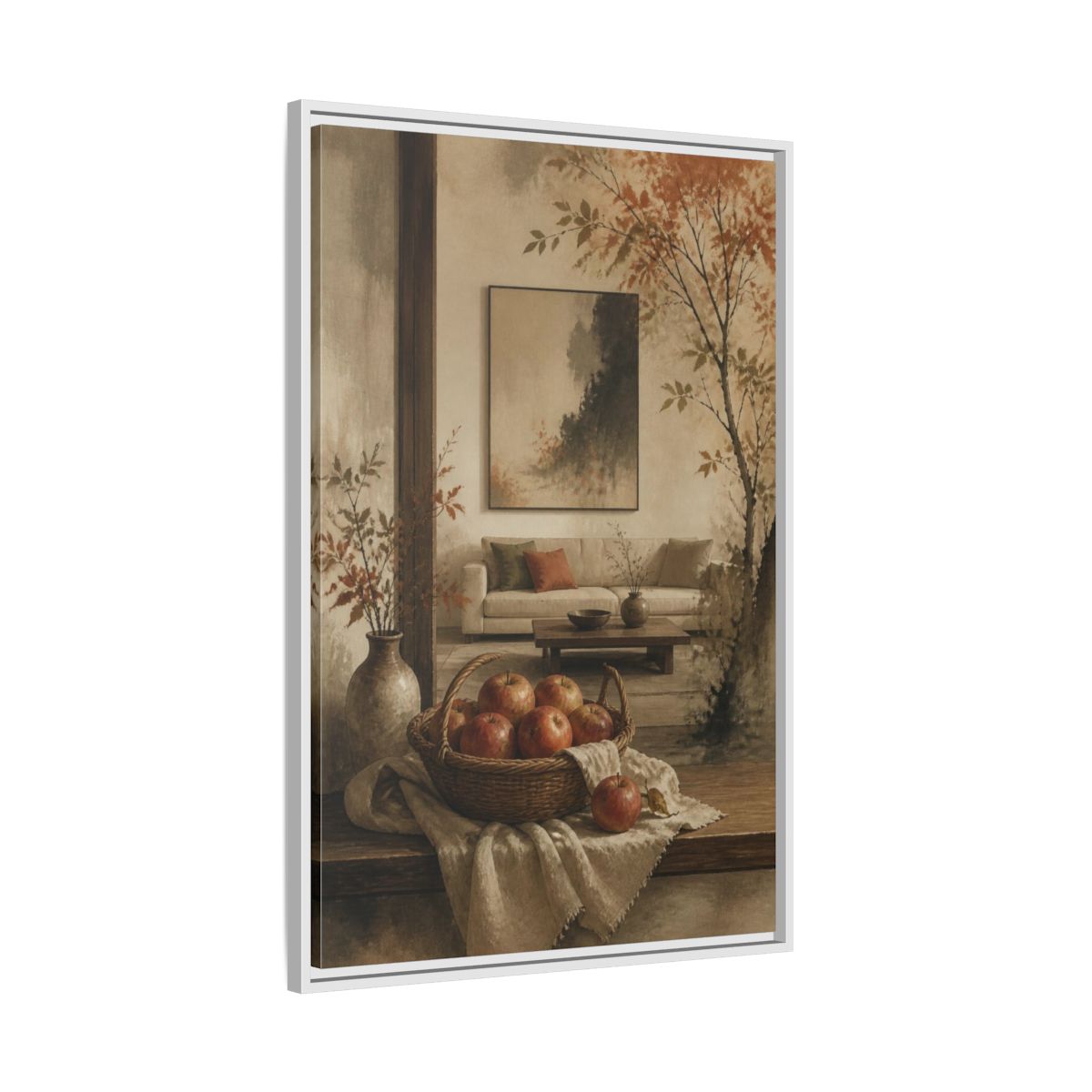 Side Mockup 9. Living Room Apple Still Life shown as framed canvas print