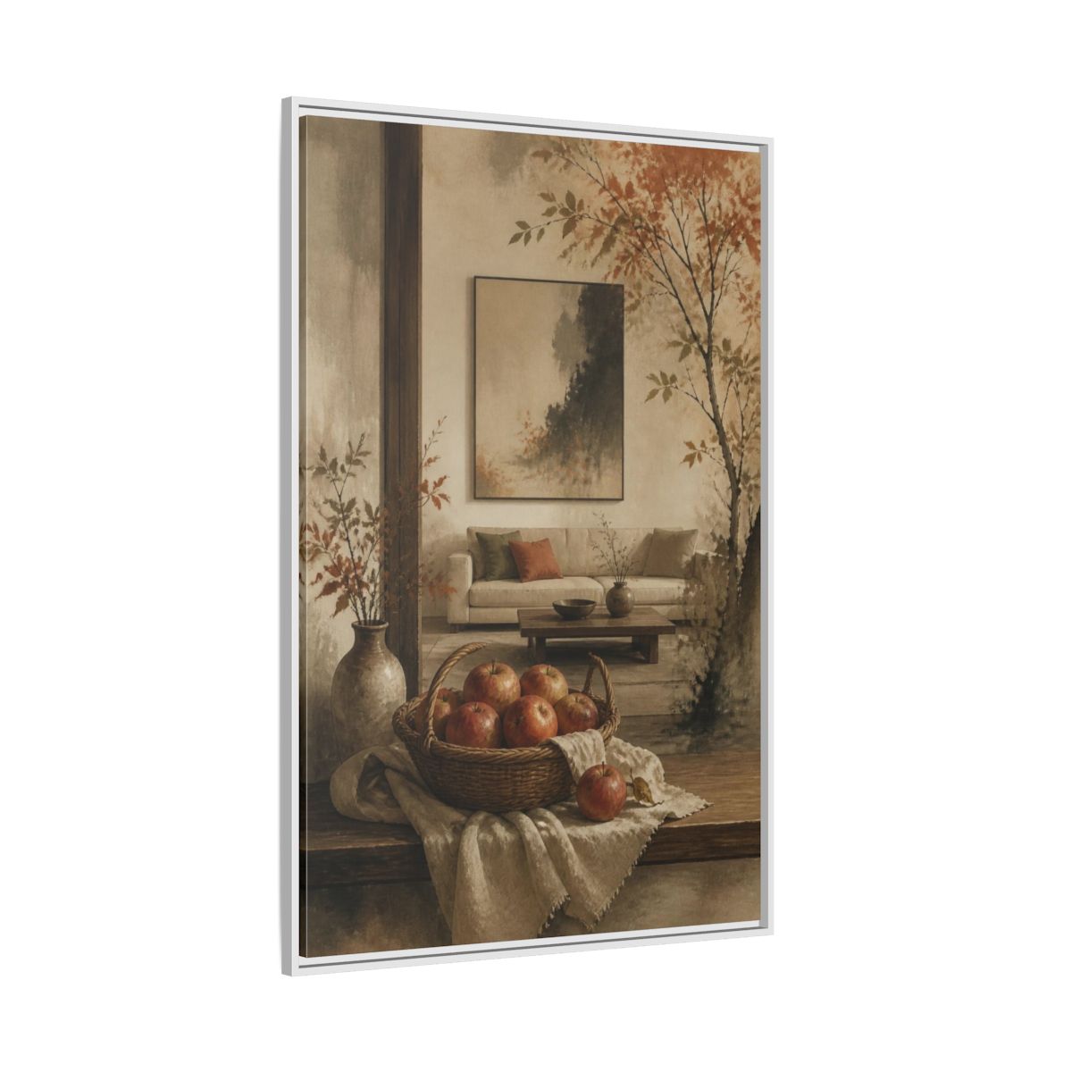 Side Mockup 7. Living Room Apple Still Life shown as framed canvas print
