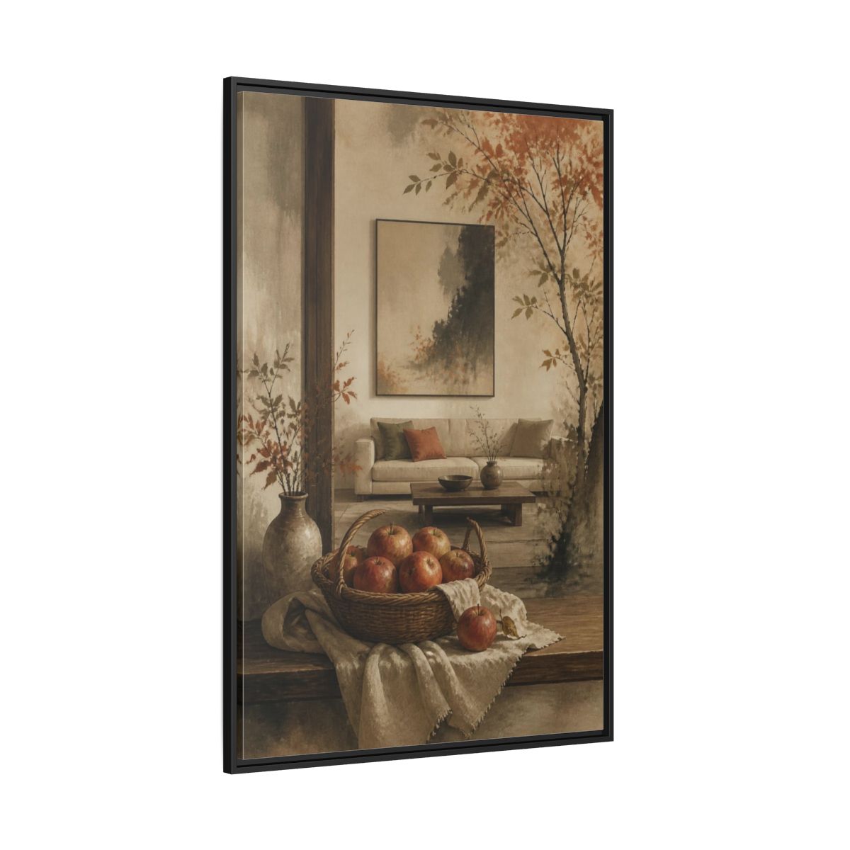 Side Mockup 12. Living Room Apple Still Life shown as framed canvas print