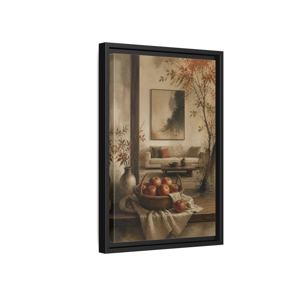 Side Mockup 6. Living Room Apple Still Life shown as framed canvas print