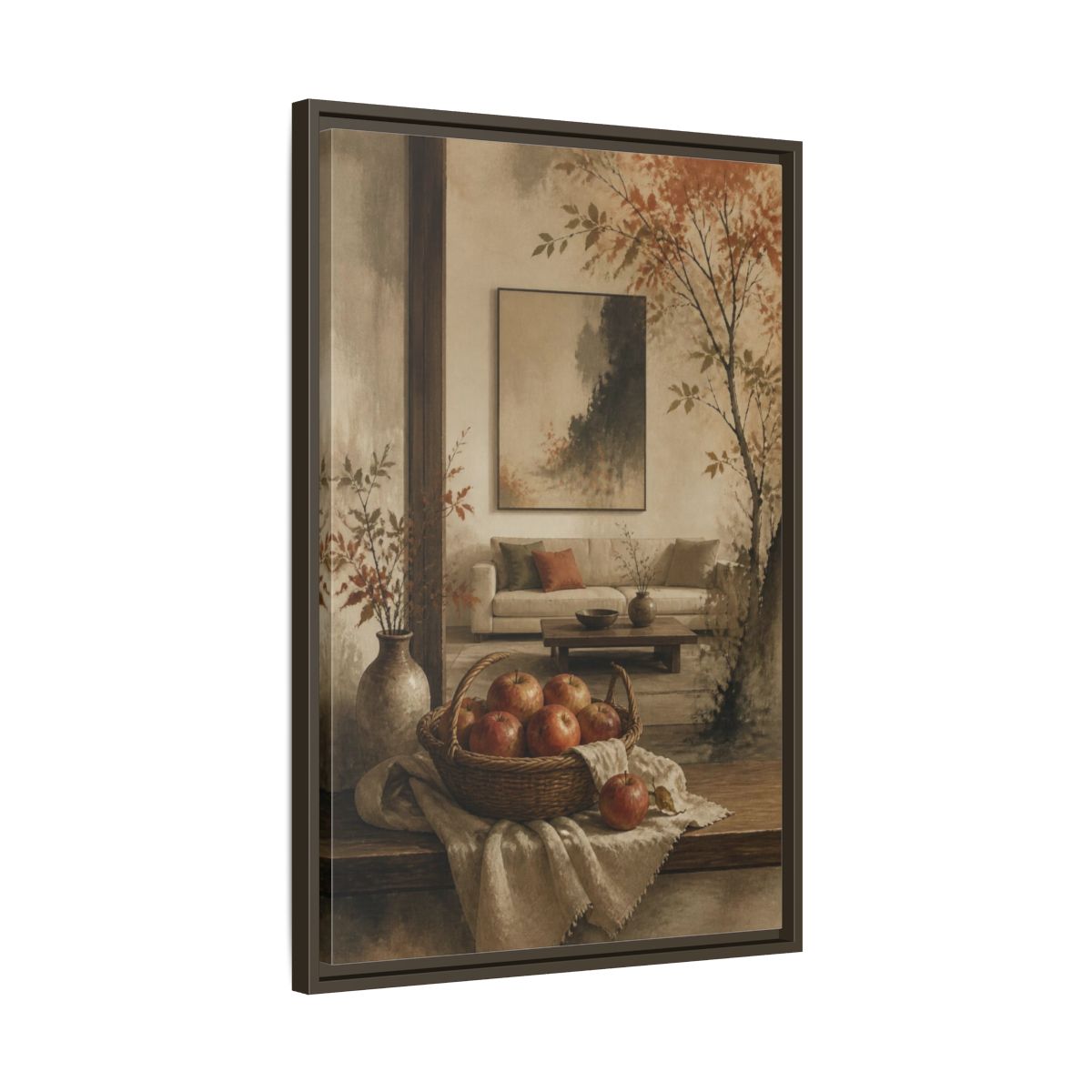 Side Mockup 11. Living Room Apple Still Life shown as framed canvas print