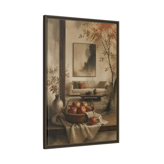 Main Mockup. Living Room Apple Still Life shown as framed canvas print