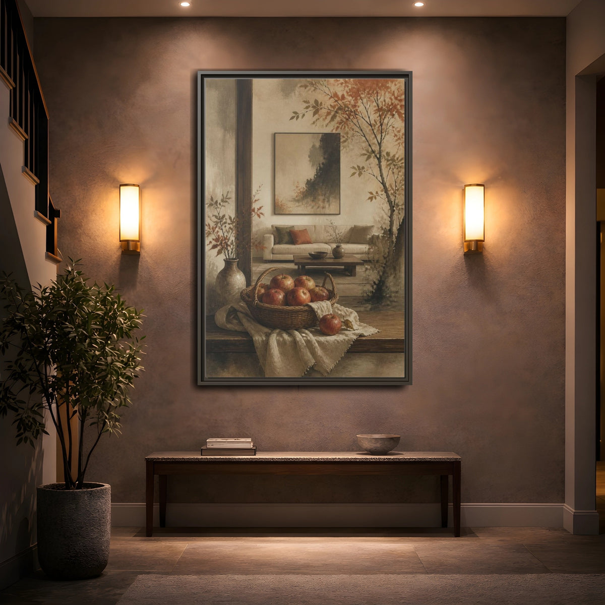 Mockup 2. Living Room Apple Still Life shown as framed canvas print