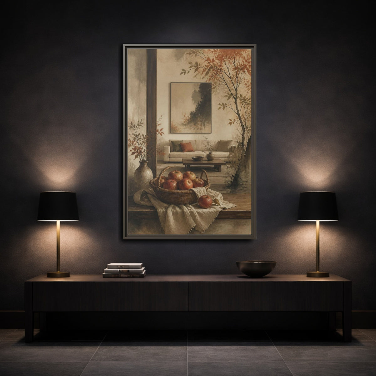 Mockup 3. Living Room Apple Still Life shown as framed canvas print