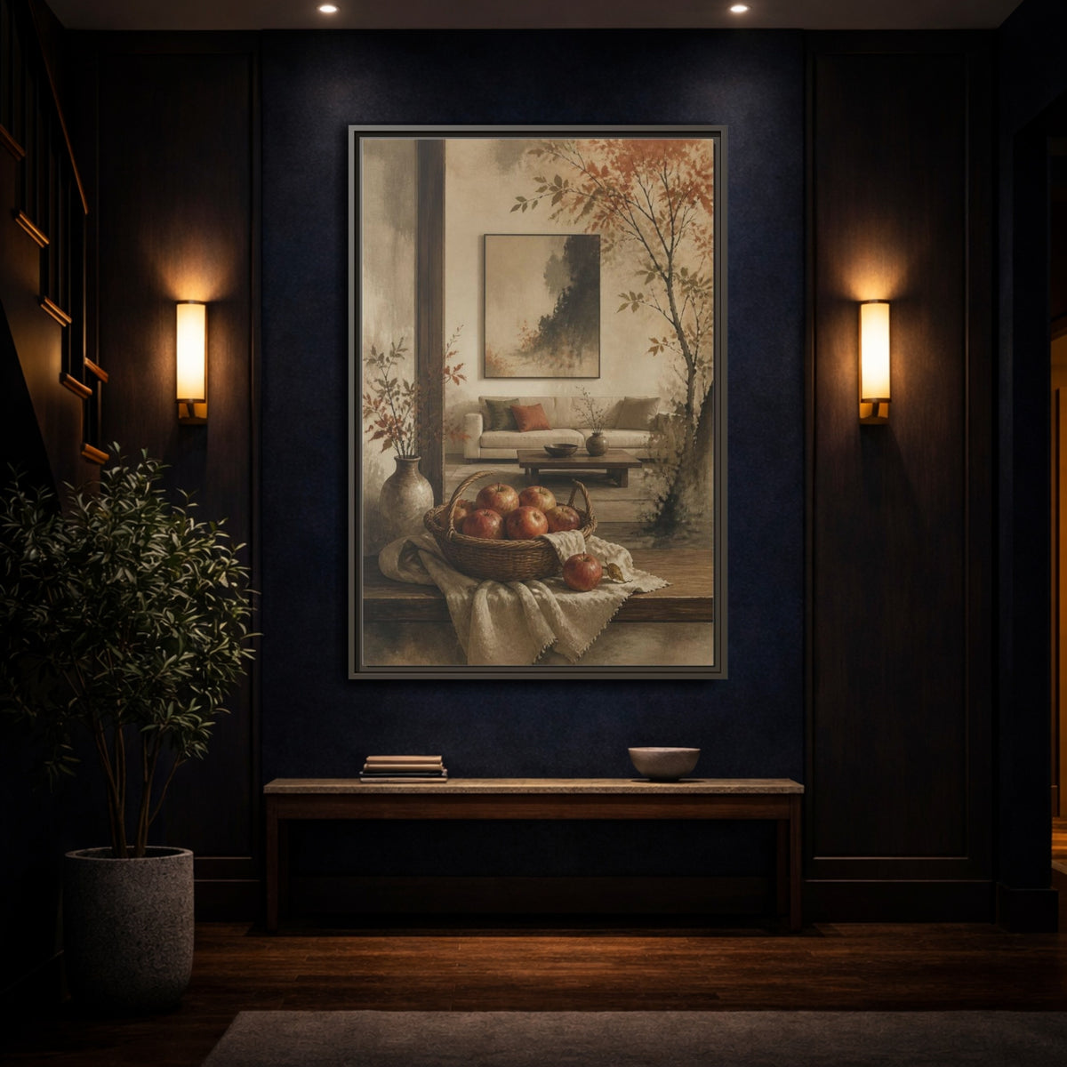 Mockup 4. Living Room Apple Still Life shown as framed canvas print