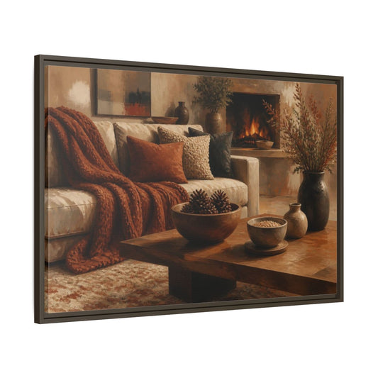 Main Mockup. Living Room Cozy Sofa shown as framed canvas print