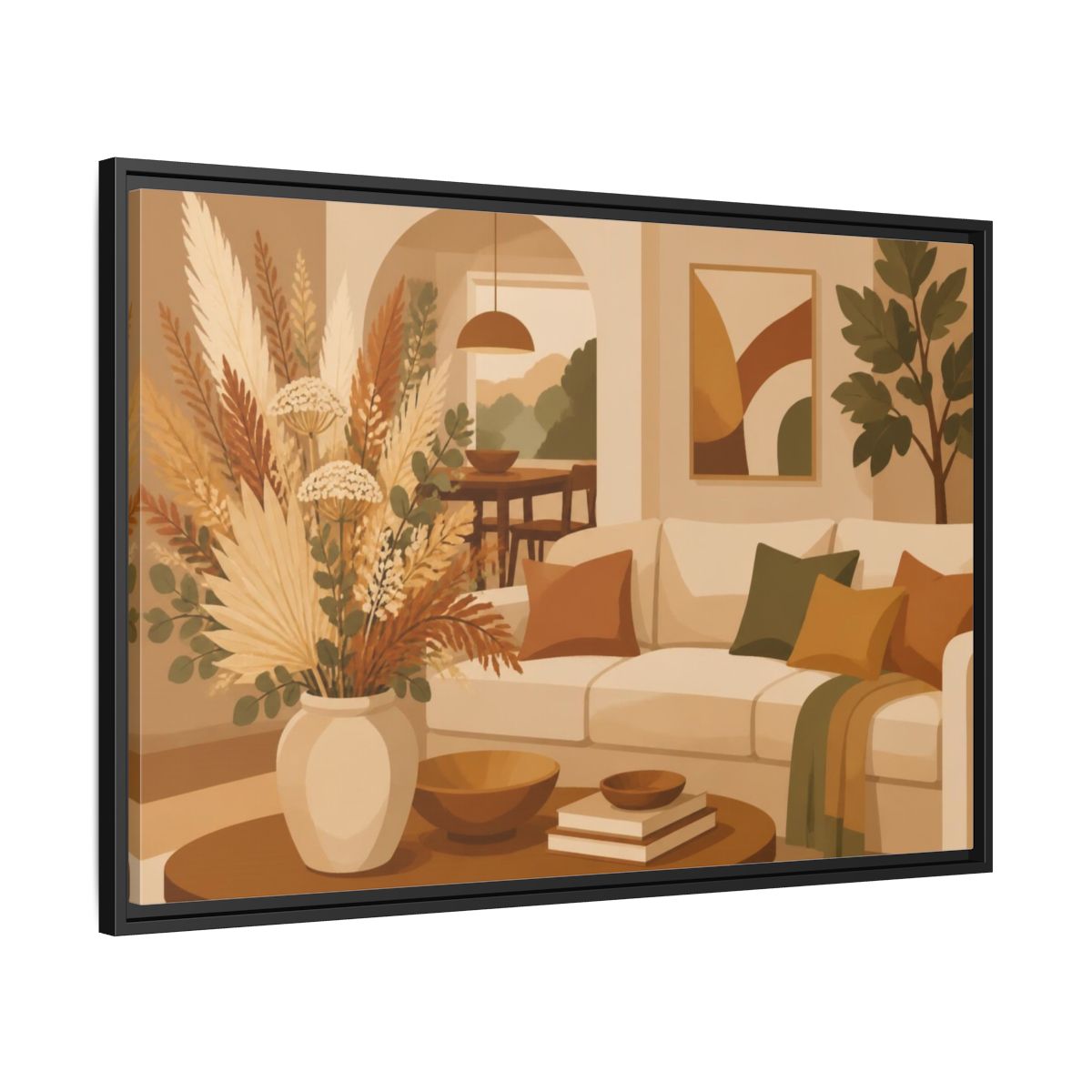 Side Mockup 13. Living Room Dried Bouquet shown as framed canvas print