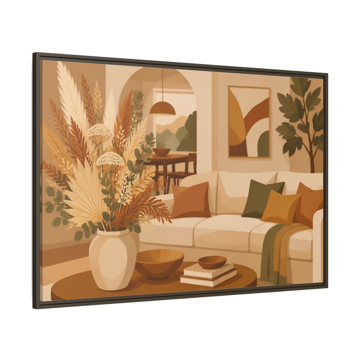 Side Mockup 8. Living Room Dried Bouquet shown as framed canvas print