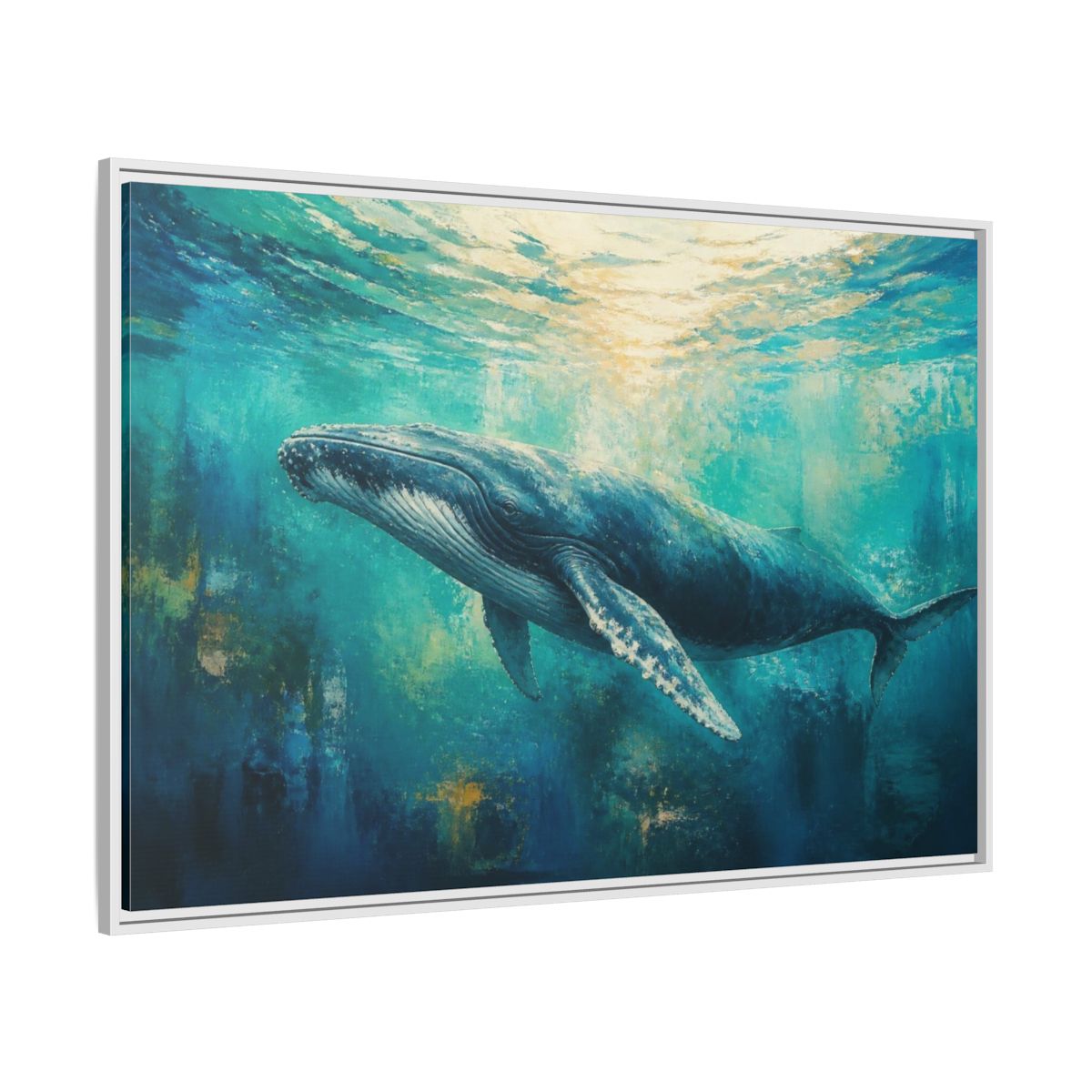 Side Mockup 7. Living Room Humpback Whale shown as framed canvas print