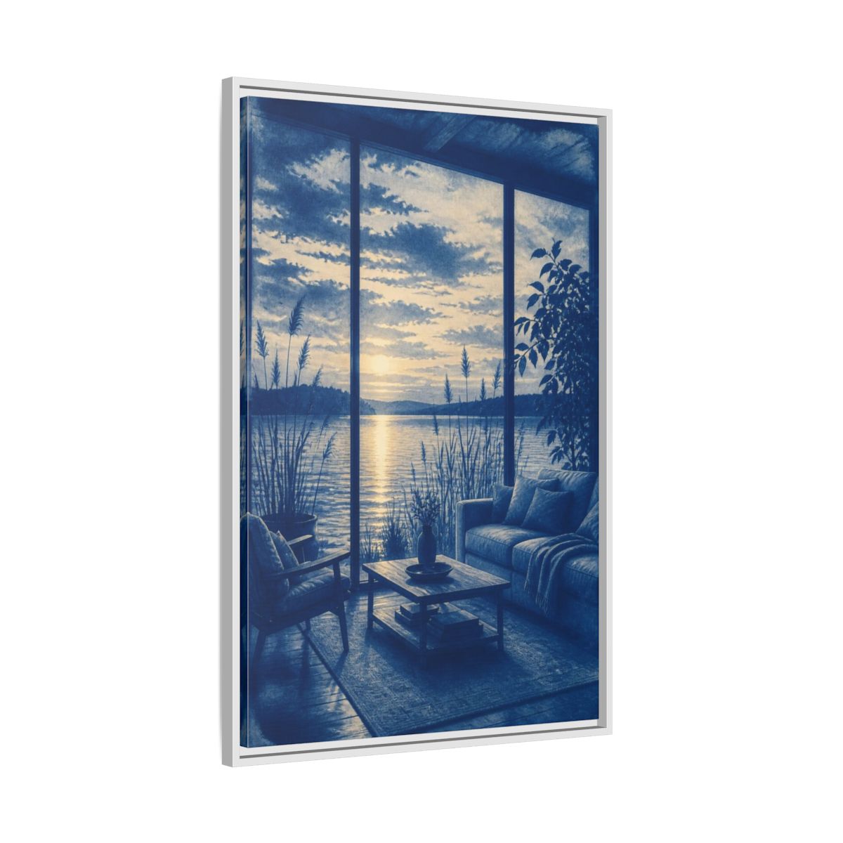 Side Mockup 9. Living Room Lake Sunset shown as framed canvas print