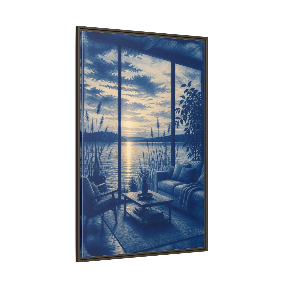 Side Mockup 8. Living Room Lake Sunset shown as framed canvas print