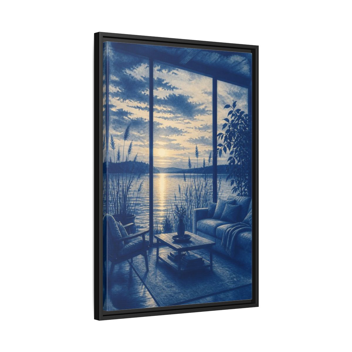 Side Mockup 14. Living Room Lake Sunset shown as framed canvas print