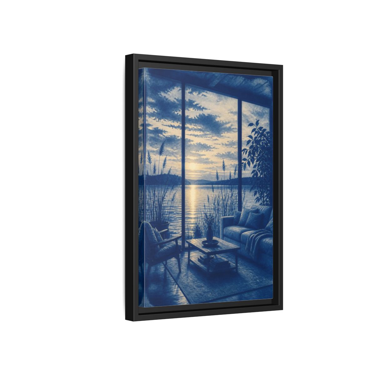 Side Mockup 6. Living Room Lake Sunset shown as framed canvas print