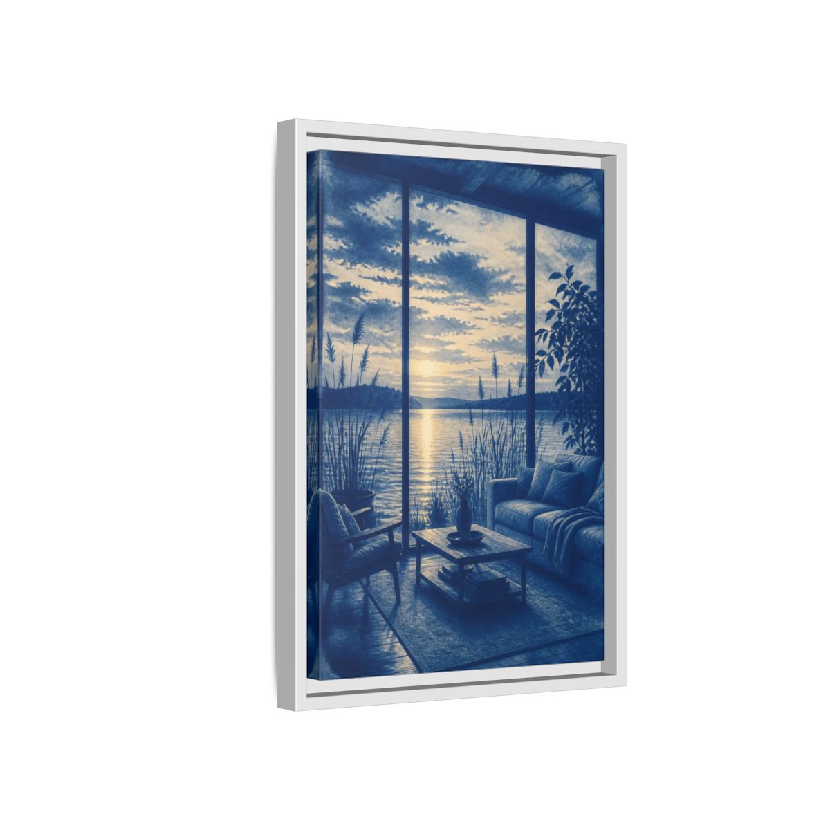 Side Mockup 4. Living Room Lake Sunset shown as framed canvas print
