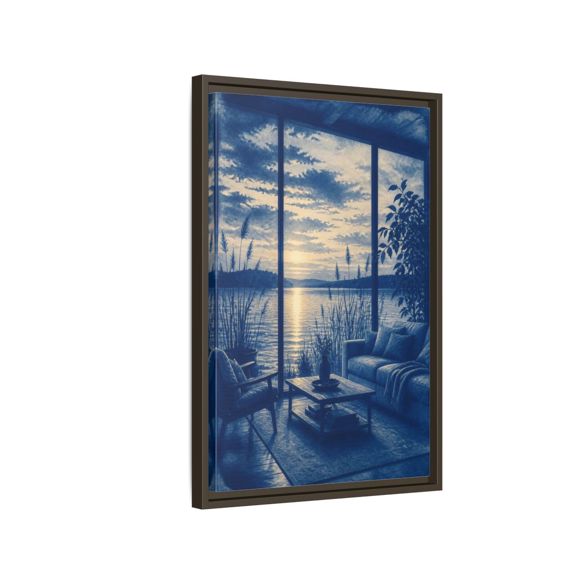 Side Mockup 2. Living Room Lake Sunset shown as framed canvas print