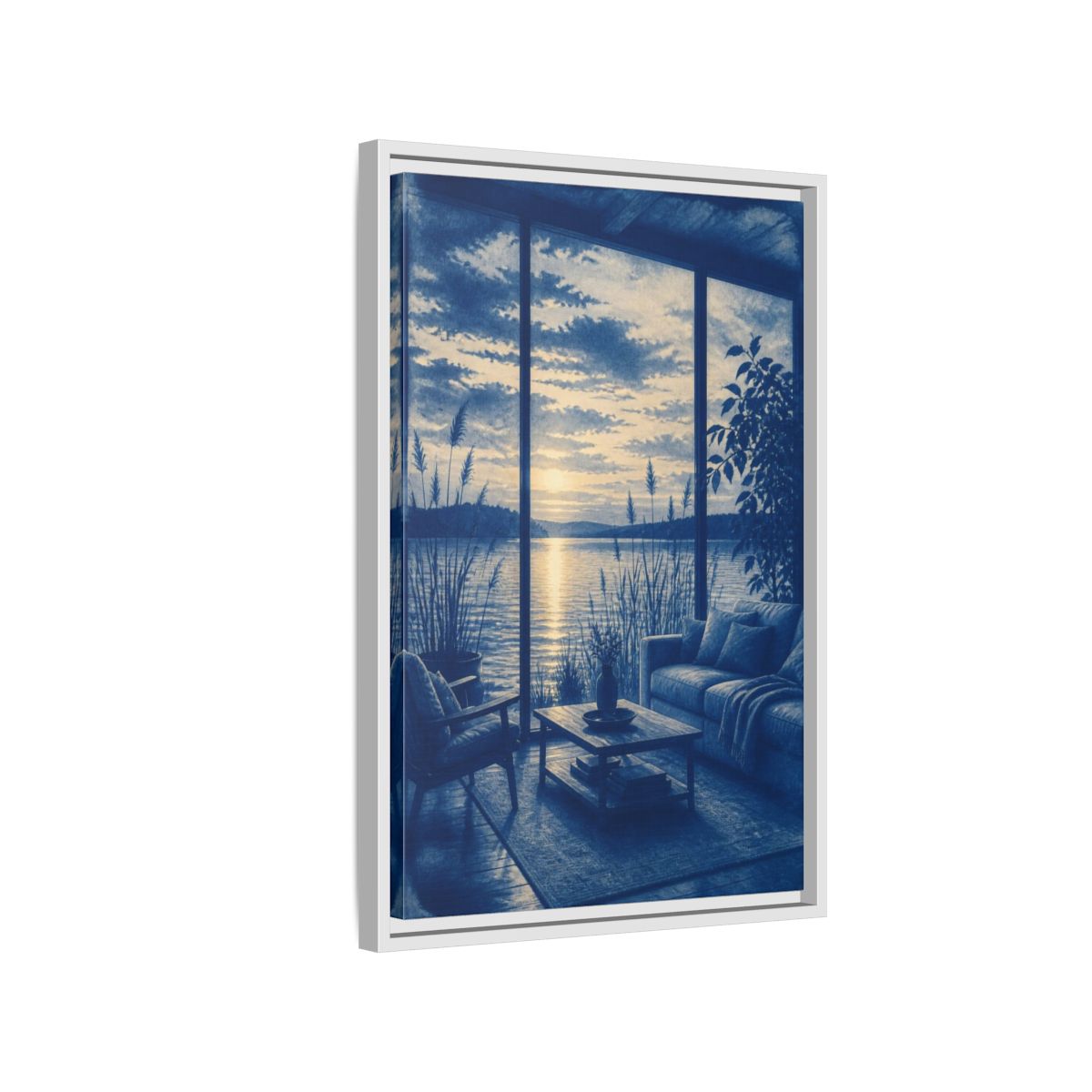 Side Mockup 1. Living Room Lake Sunset shown as framed canvas print