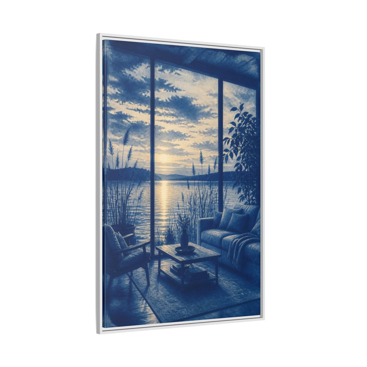 Side Mockup 7. Living Room Lake Sunset shown as framed canvas print