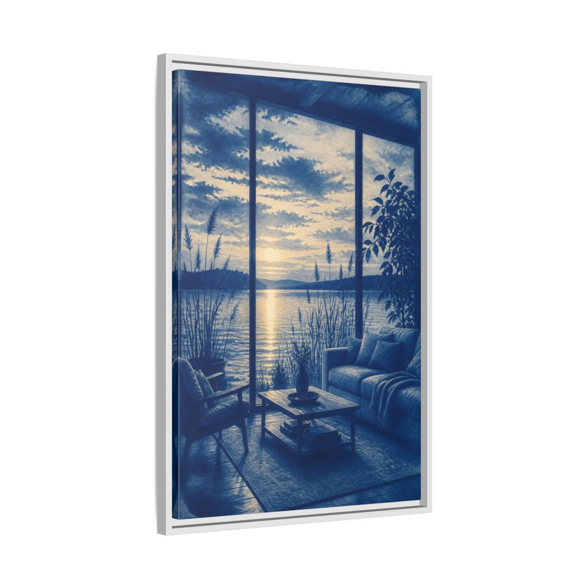 Side Mockup 10. Living Room Lake Sunset shown as framed canvas print