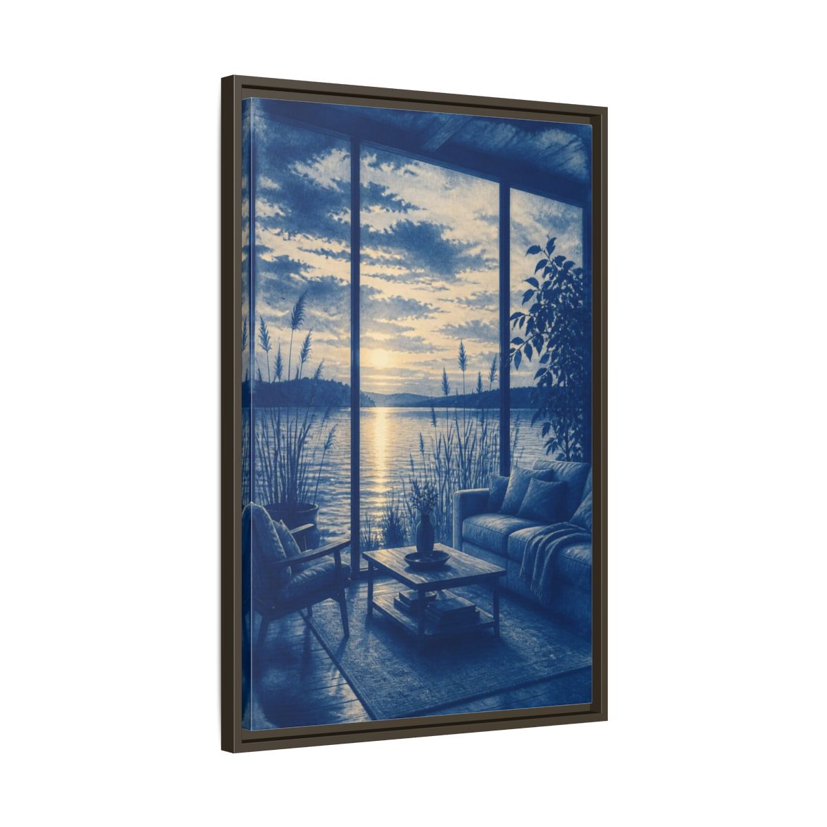 Side Mockup 11. Living Room Lake Sunset shown as framed canvas print