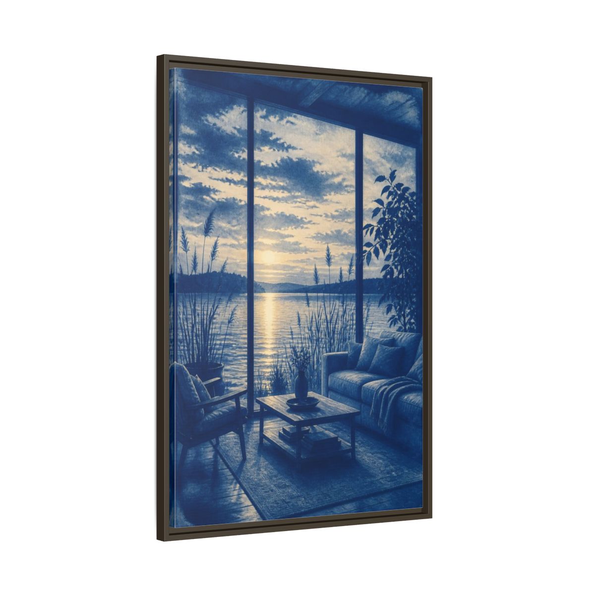 Main Mockup. Living Room Lake Sunset shown as framed canvas print