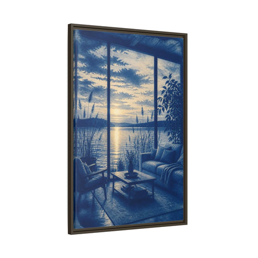 Main Mockup. Living Room Lake Sunset shown as framed canvas print