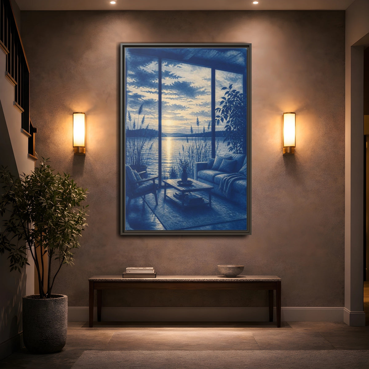 Mockup 2. Living Room Lake Sunset shown as framed canvas print