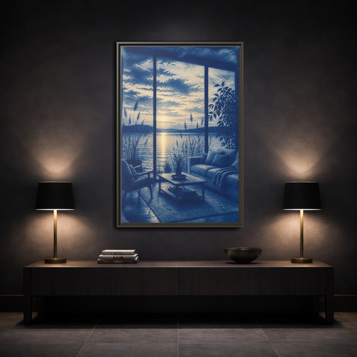 Mockup 3. Living Room Lake Sunset shown as framed canvas print