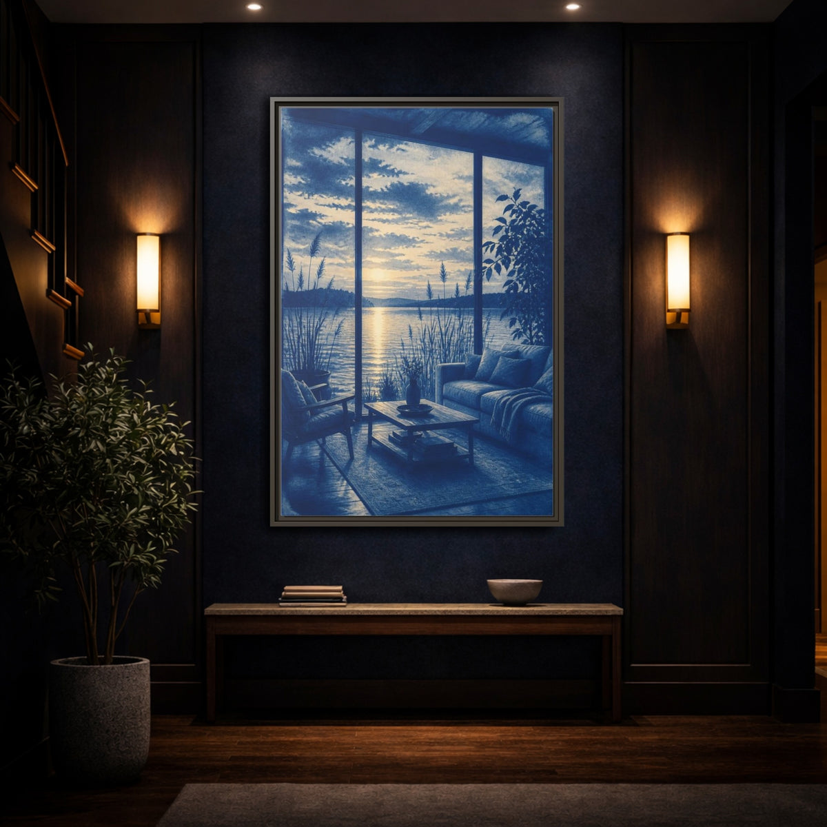 Mockup 4. Living Room Lake Sunset shown as framed canvas print