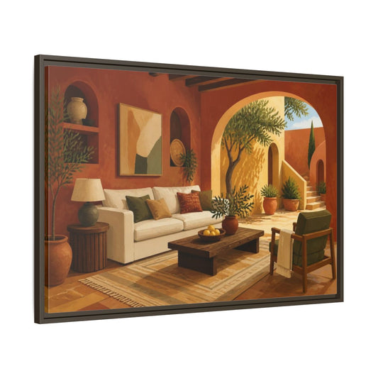 Main Mockup. Living Room Olive Courtyard shown as framed canvas print